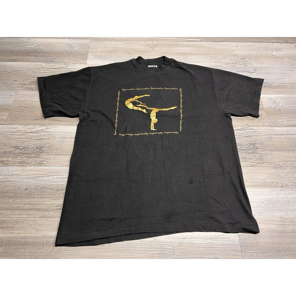Vintage 90s Graphic T-Shirt Gymnastics Team Gold Glitter Made in USA Mens Size L